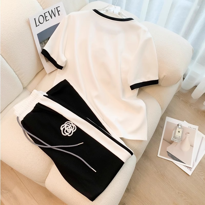 Luxury Brand Designer Clothes High-End Casual Sports Suit For Women, Summer Thin Street Fashionable Trendy Youthful Wide-Leg Pants Fashion Two-Piece S