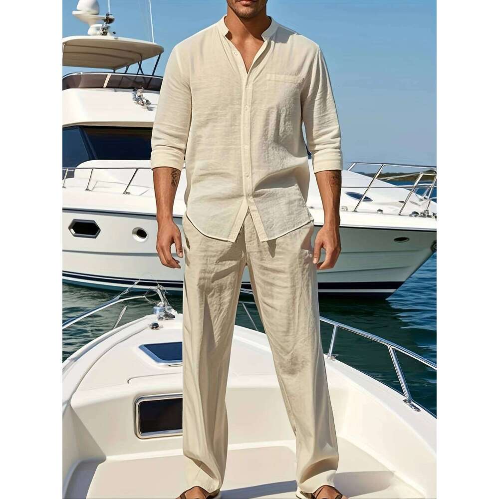 New Breathable Linen Men's Long Sleeve Shirt and Pants Spring Summer Autumn Outdoor Leisure Walking Beach Sport Outfit 1/2pieces