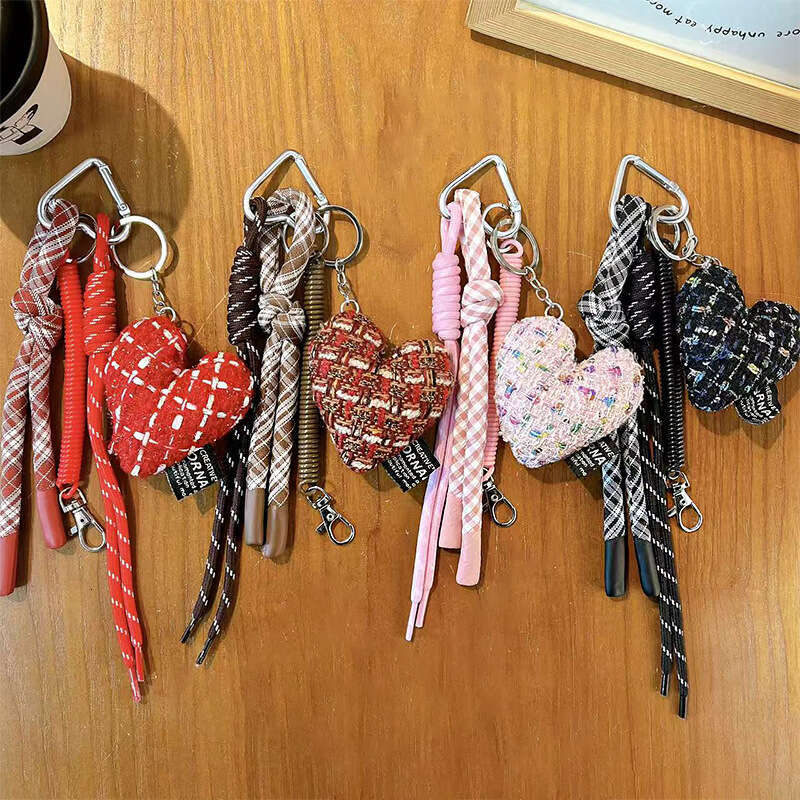 Bag Charm Tweed Heart Bag Charm Keychain with Plaid Tassel Strap Multi-use for Bag Phone