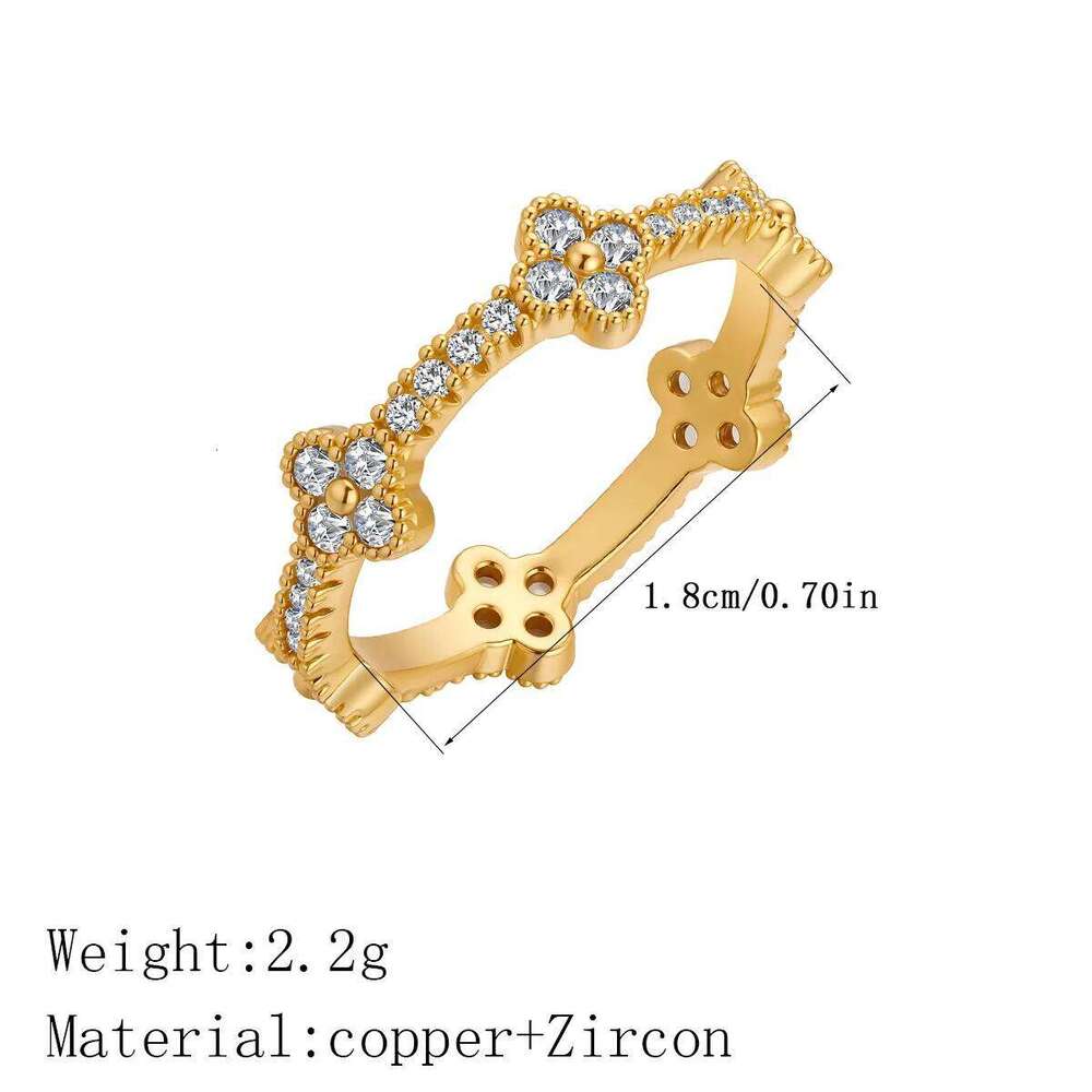Jewellery Ring Gold Plated Cubic Zirconia Four Leaf Clover Eternity Adjustable Vintage Stacking Band for Anniversary Special Occasion Gift High Qualit