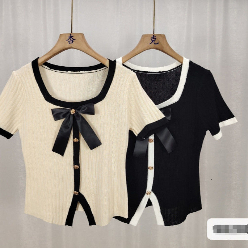 Luxury Brand Designer Clothes Little Style Apricot Square Neck Short Sleeve Short Ice Silk Knitted Top For Women 2025 Summer New Bowknot Shirt