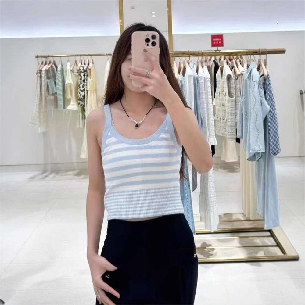 2025 Spring Summer New French Elegant Style Blue Striped Knitted Cardigan Jacket + Vest Top Set