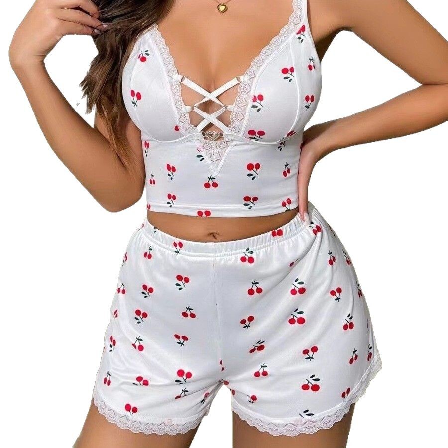 Designer Women's Sleepwear Cherry Print Vest Shorts Two-piece Set Deep V High-quality Home Wear Breathable Soft Clothing Brand Clothing