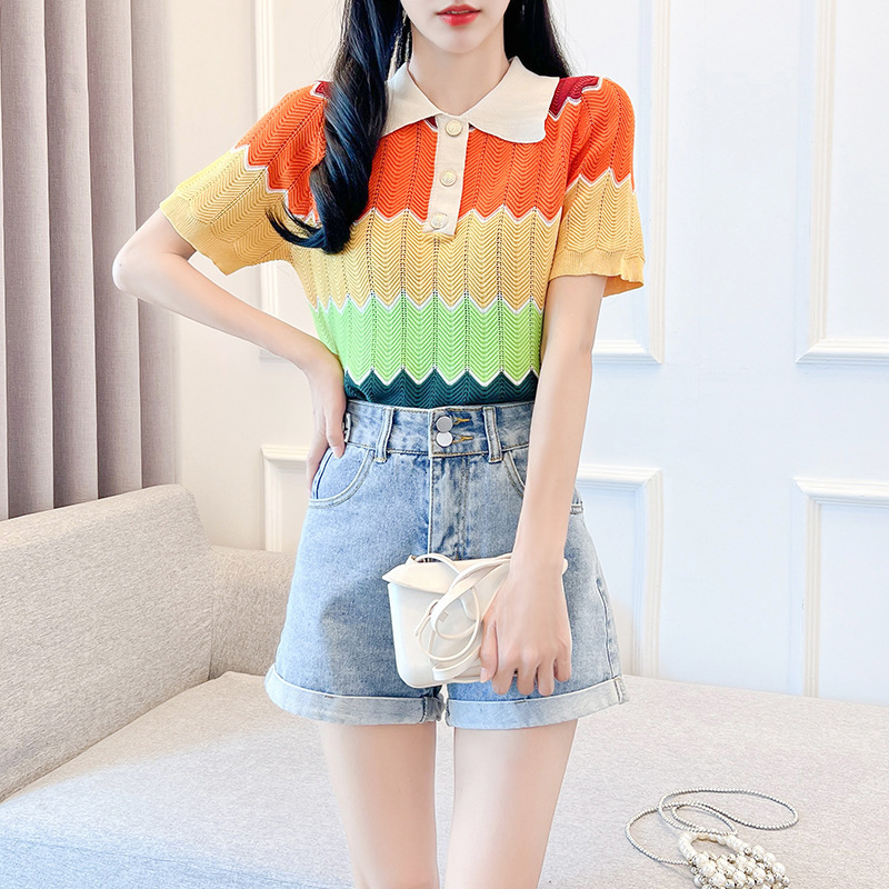 Summer Design Loose Rainbow Striped Polo Neck TShirt Ice Silk Knit for Women 230419