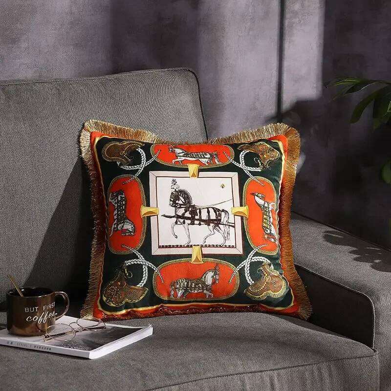 Luxury Velvet Tassel Pillow Cover with Horse Carriage Print Double Sided Soft Cushion Case for Sofa and Bed Decorative Home Bedding Accessories Elegan