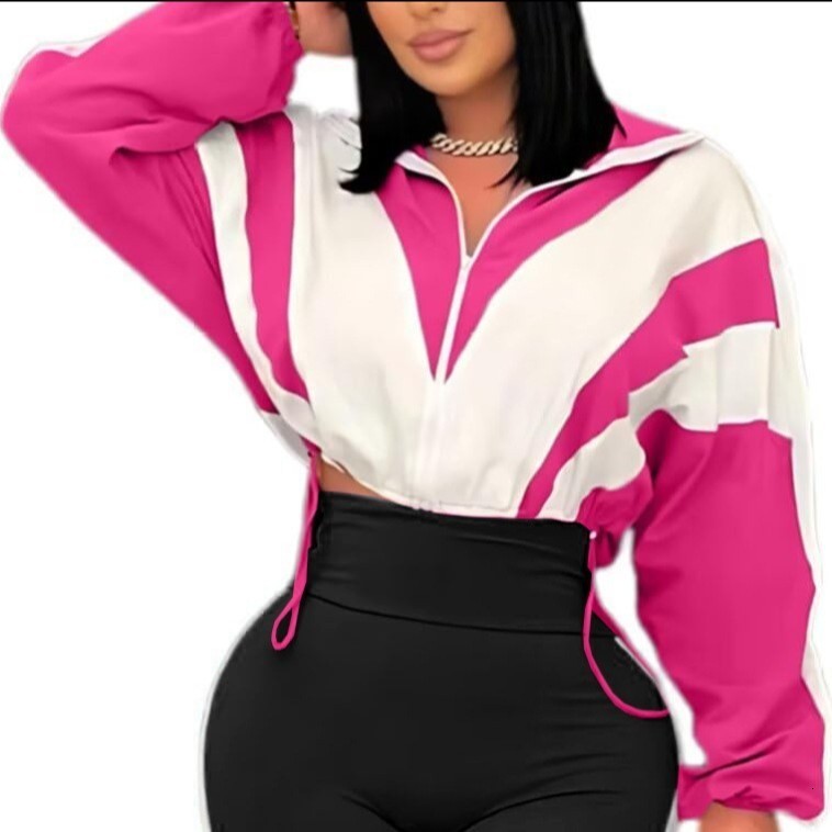 Without Pants Womens Color Block Short Jacket with Zipper and Drawstring Comfortable Elastic Jacket 240810