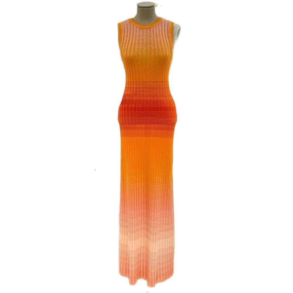 2026 Summer New French Elegant Style Gradient Striped Long Knitted Vest Dress