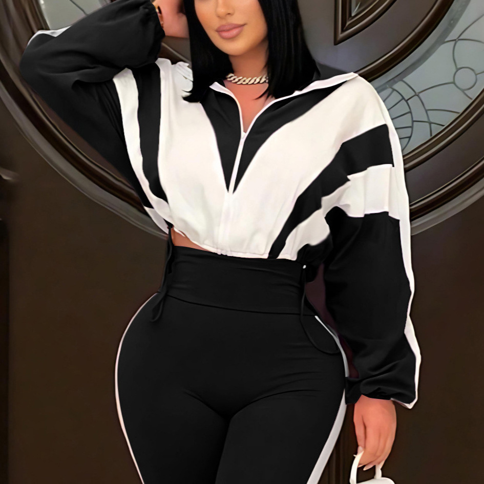 Without Pants Womens Color Block Short Jacket with Zipper and Drawstring Comfortable Elastic Jacket 240810