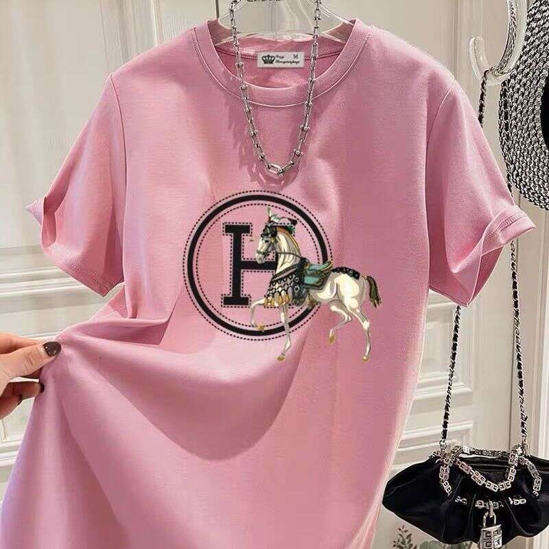 100% Cotton Short Sleeve T-Shirt For Women 2024 Summer New Round Neck Loose Plus Size Korean Style Regular Shoulder Top Tee