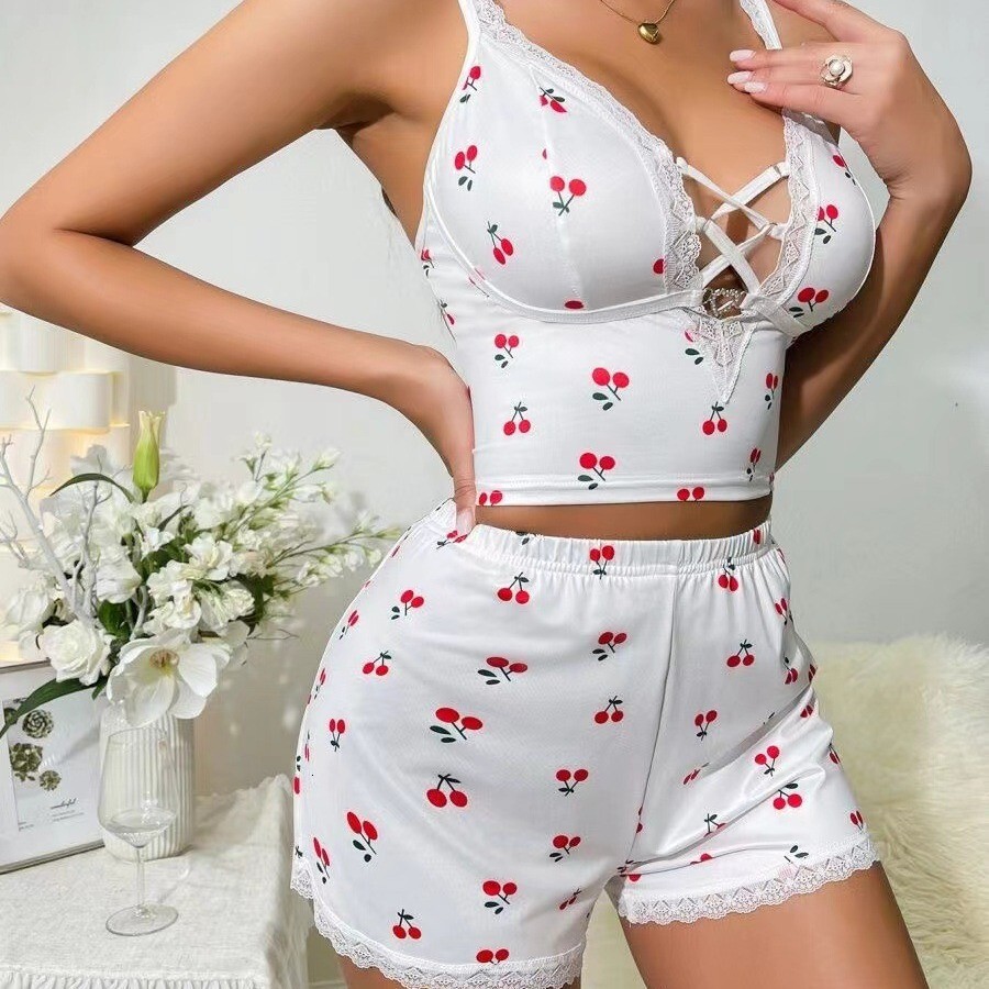 Designer Women's Sleepwear Cherry Print Vest Shorts Two-piece Set Deep V High-quality Home Wear Breathable Soft Clothing Brand Clothing