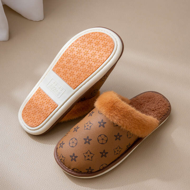 PU Waterproof Cotton Women, Autumn Winter New Style, Fleece-Lined, Warm, Non-Slip, Middle-Aged Elderly Slippers for Men, Indoor and Outdoor Wear