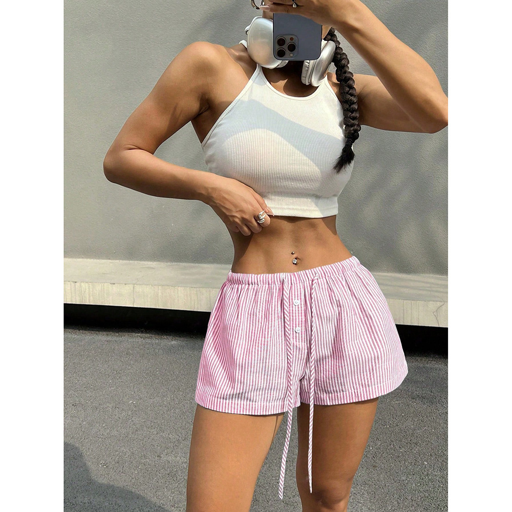 Fashion Basic Niche Striped Elastic Drawstring Casual Shorts Summer Versatile Home Pants for Women Loose Slimming 240508