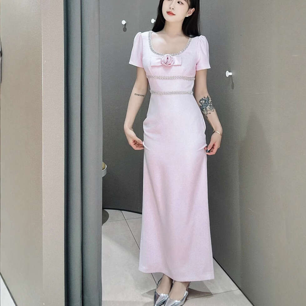 French Niche 26 Summer New Elegant Pink Rose Flower Large Round Neck Short Sleeve Dress Long Skirt