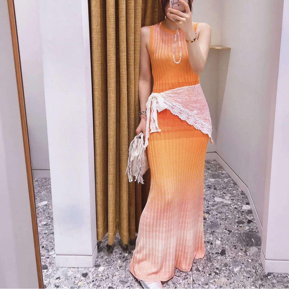 2026 Summer New French Elegant Style Gradient Striped Long Knitted Vest Dress