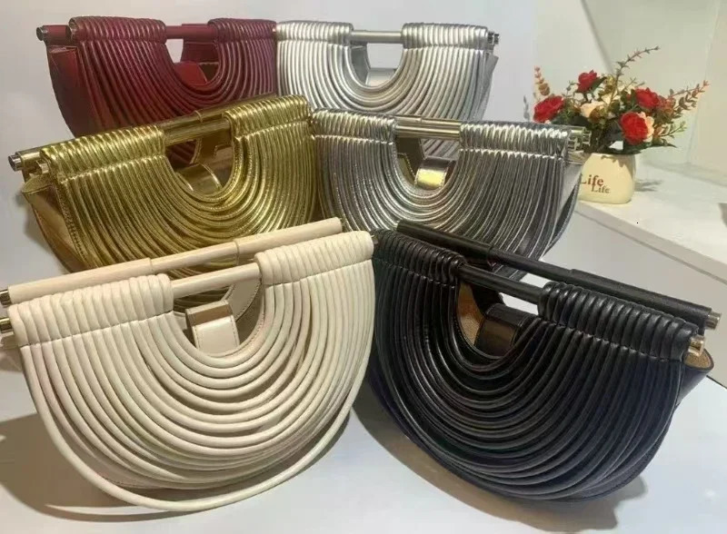 2026 Handbags for Women Gold Handwoven Noodle Bags Half Round Pulled Hobo Silver Evening Clutch Bag 260112