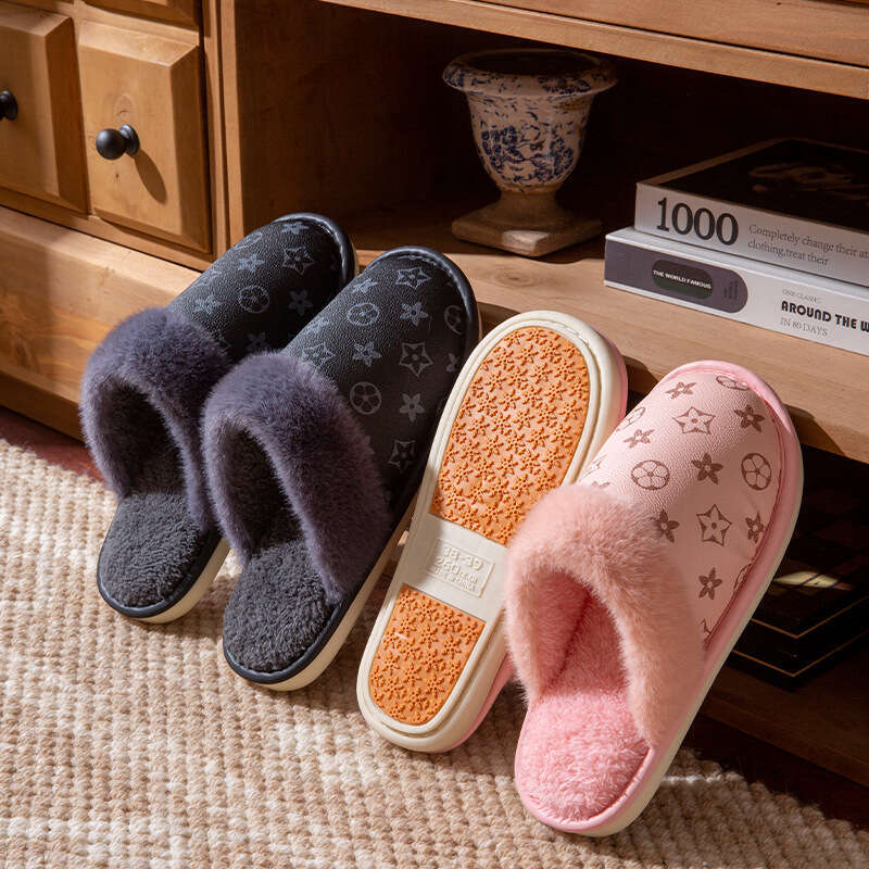 PU Waterproof Cotton Women, Autumn Winter New Style, Fleece-Lined, Warm, Non-Slip, Middle-Aged Elderly Slippers for Men, Indoor and Outdoor Wear