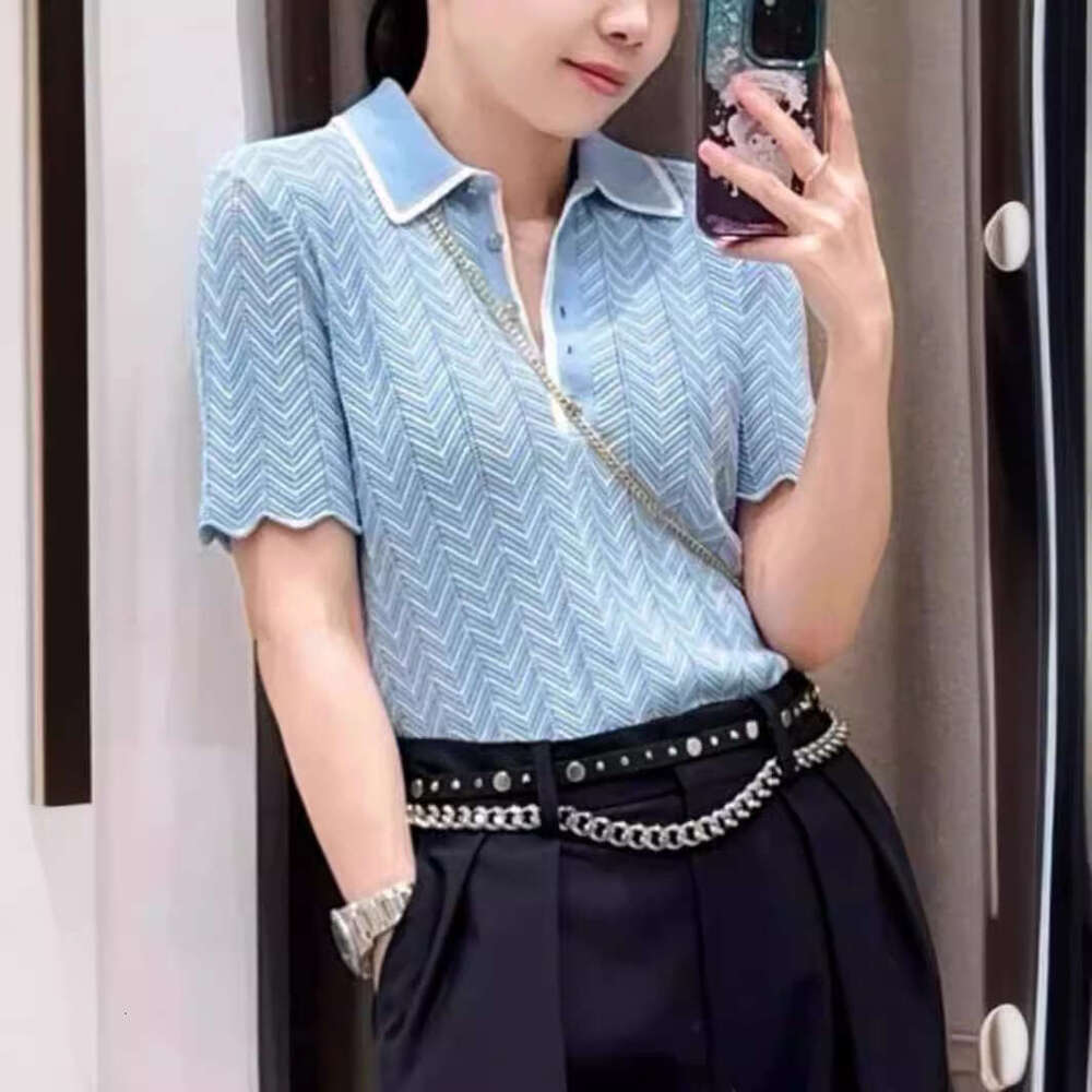 French Niche 2026 Spring Summer New Light Blue Hollow Knit Short Sleeve Turn-Down Collar Top for Women M