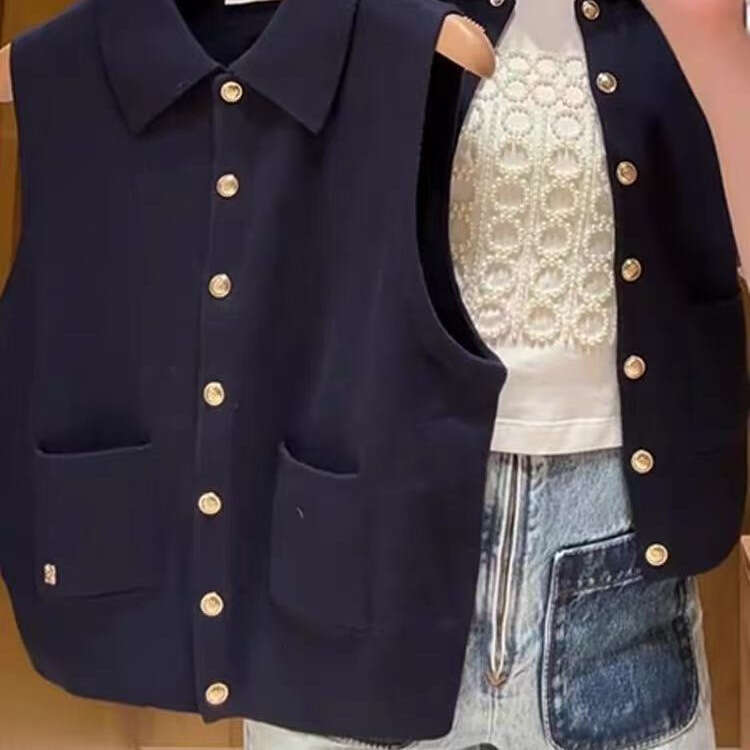 French Style Elegant 2026 Early Spring New Single-Breasted Button Turn-Down Collar Dark Blue Knitted Cardigan Sleeveless Vest for Women