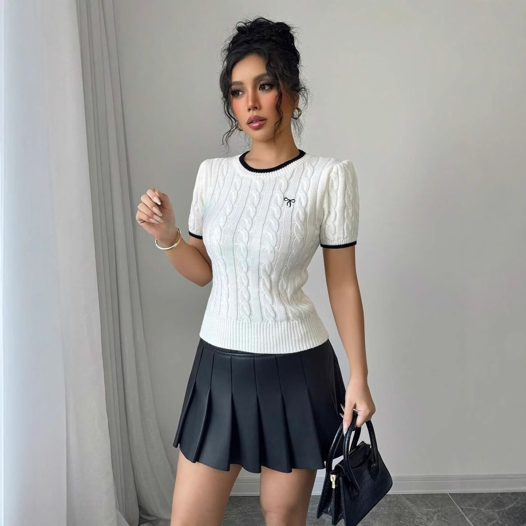 Luxury Brand Designer Clothes 25 Spring Summer New Twist Rope Letter Jacquard Round Neck Short Sleeve Knitted Top For Women Knitted Top