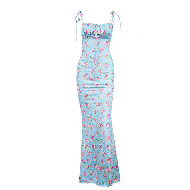 I Am Lin'er Same Style European Size Runs Large Floral Pleated Backless Tie Strap Long Bodycon Mermaid Dress