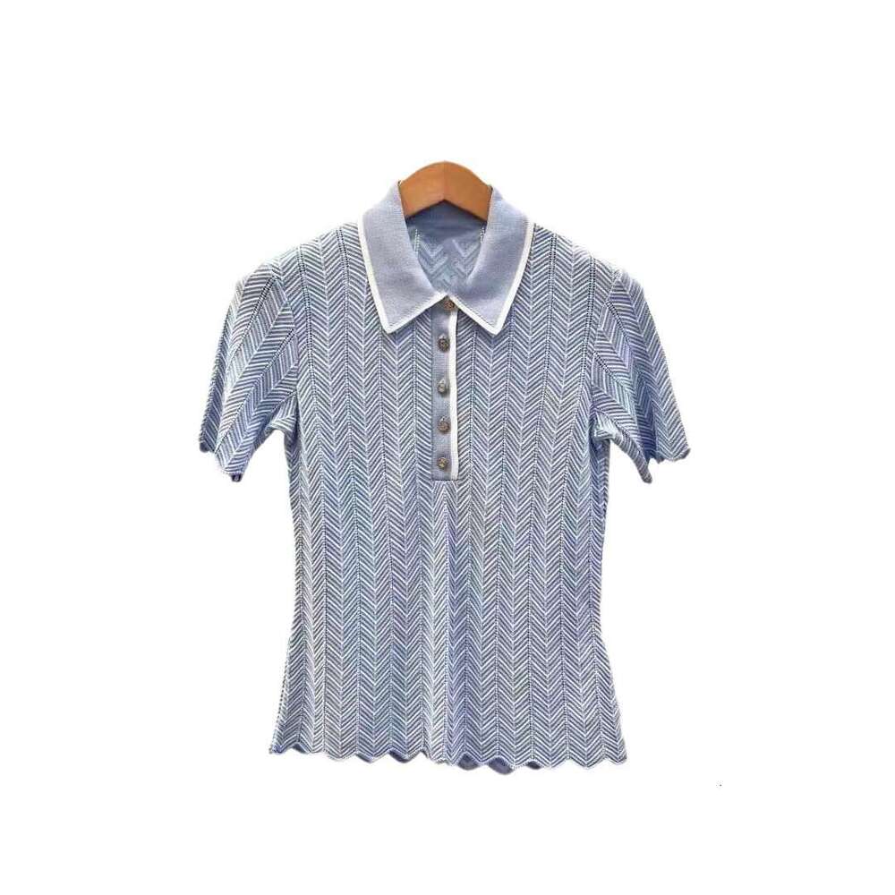 French Niche 2026 Spring Summer New Light Blue Hollow Knit Short Sleeve Turn-Down Collar Top for Women M