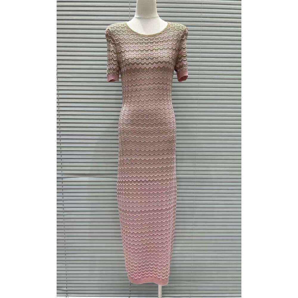 2026 Summer New Fashionable Elegant Design Gradient Color Slim Fit Round Neck Short Sleeve Knitted Dress