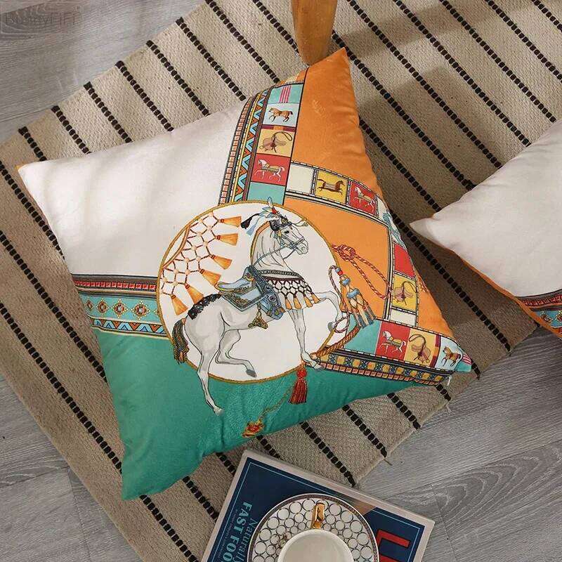 45x45cm Dutch Velvet Pillow Case Luxury Style Cushion Cover White Horse Printed Pillowcase For Bed Sofa Office Chair Car Pillows - view 4
