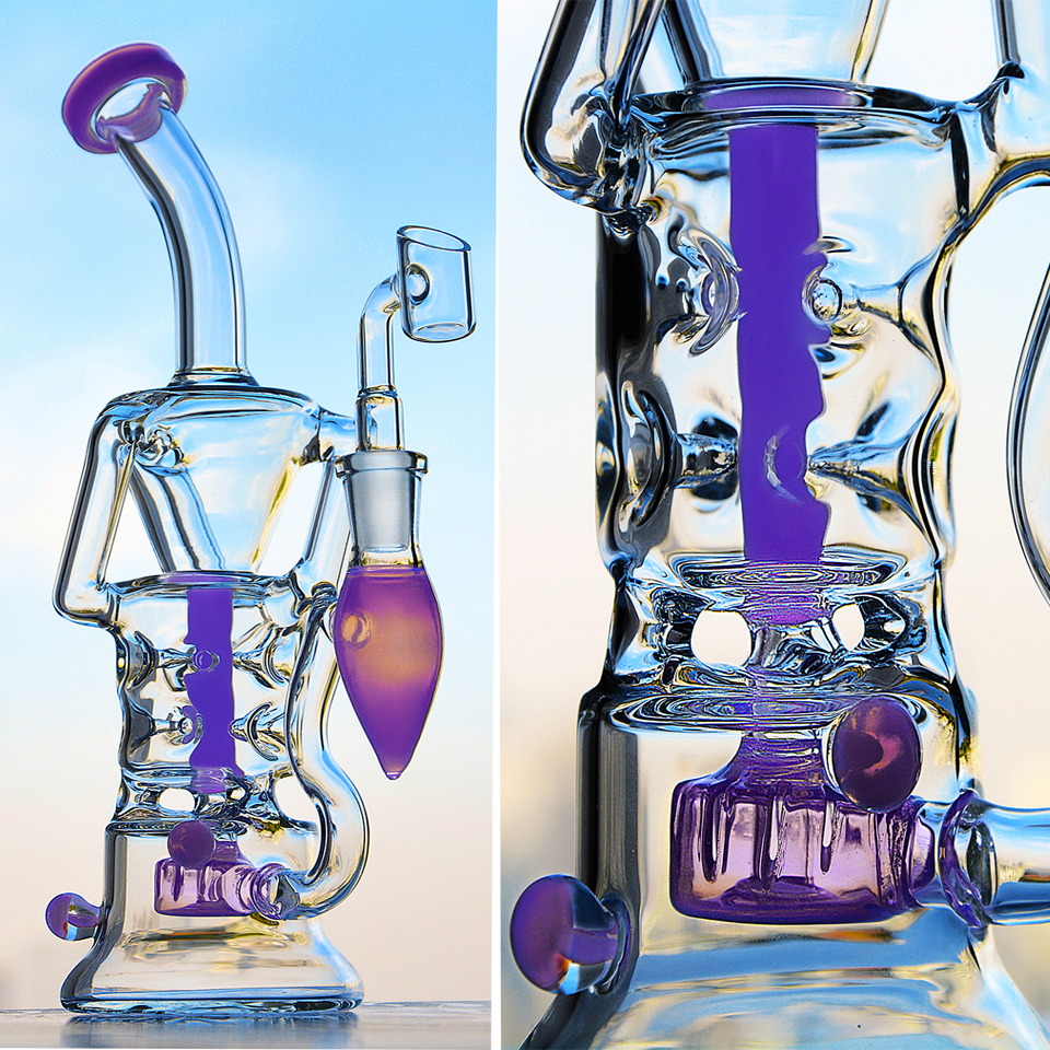 Purple Glass Water Bongs Bubbler Recycler Bong Hoookahs Smoking Glass Pipe Oil Accessory With 14mm Banger 10.1inchs