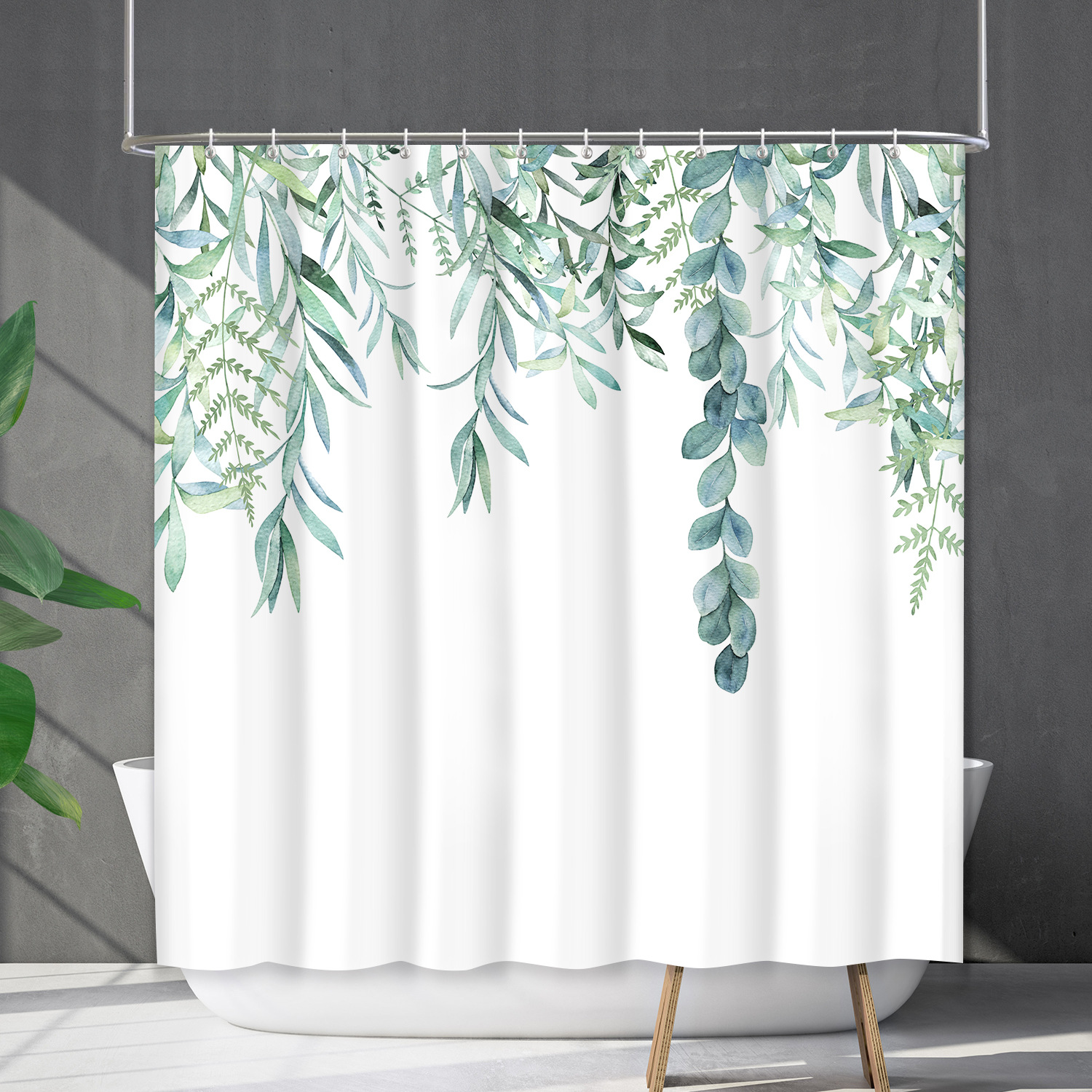 YL-38180 Waterproof Shower Curtain Set with Floral and Plant Designs, Shower Covering Curtain, No Drill Required