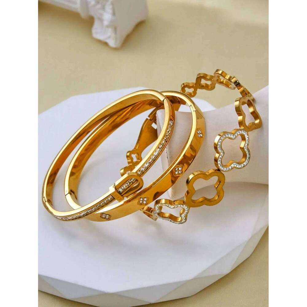 Jewellery Bracelet Stainless Steel Gold Plated Korean Light Luxury with Horseshoe Buckle Four Leaf Clover Flower for Party Daily Wear Gift High Qualit - view 4
