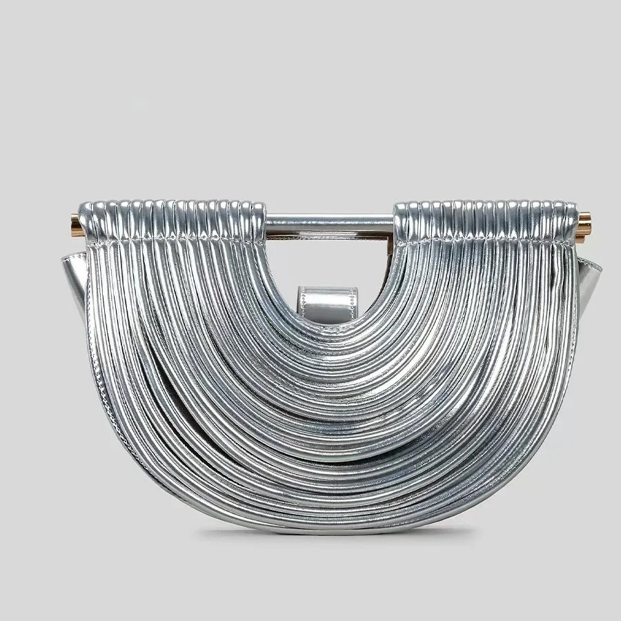 2026 Handbags for Women Gold Handwoven Noodle Bags Half Round Pulled Hobo Silver Evening Clutch Bag 260112