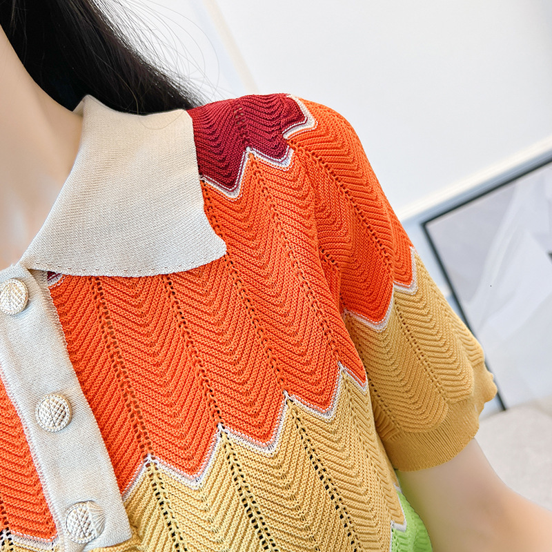 Summer Design Loose Rainbow Striped Polo Neck TShirt Ice Silk Knit for Women 230419