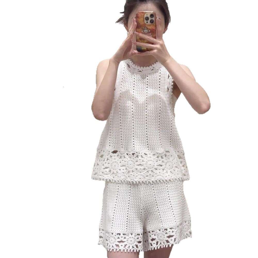 French Elegant 2026 Spring Summer New Crochet Sunflower Hollow Sleeveless Knitted Top + Shorts Set for Women