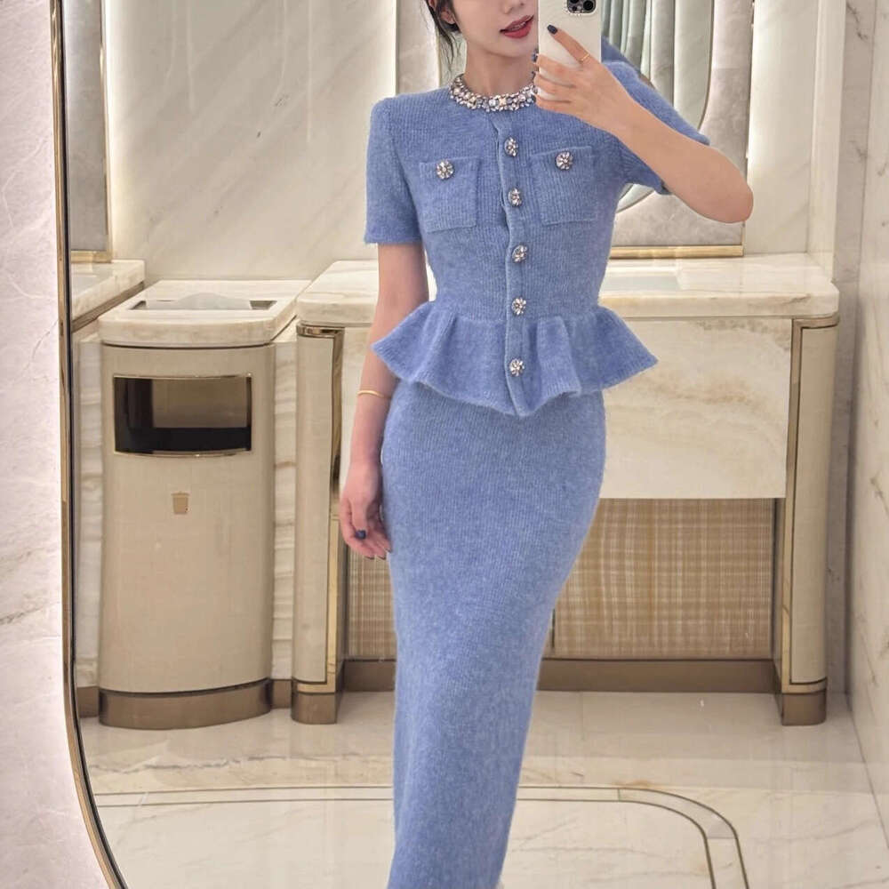 2026 French Niche Autumn Winter Luxury Style Rhinestone Embellished Ruffled Long Knitted Dress