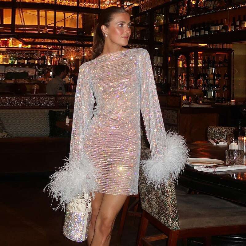 Sexy Mesh Mini Dress Women Fashion Feathers Tassel Full Sleeve See Through Summer Pink Shinny Club Party Outfit 241112
