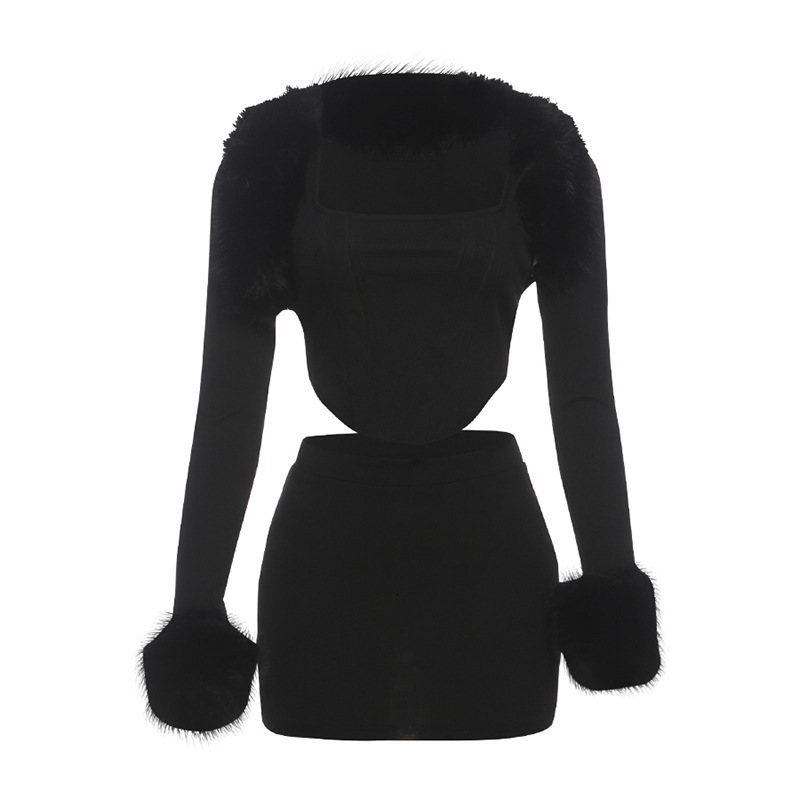 Sexy Fur Collar Hollow Crop Top Mini Skirt Women 2 Piece Set Autumn Elegant Knitted Bodycon Nightclub Dress Outfits 250118