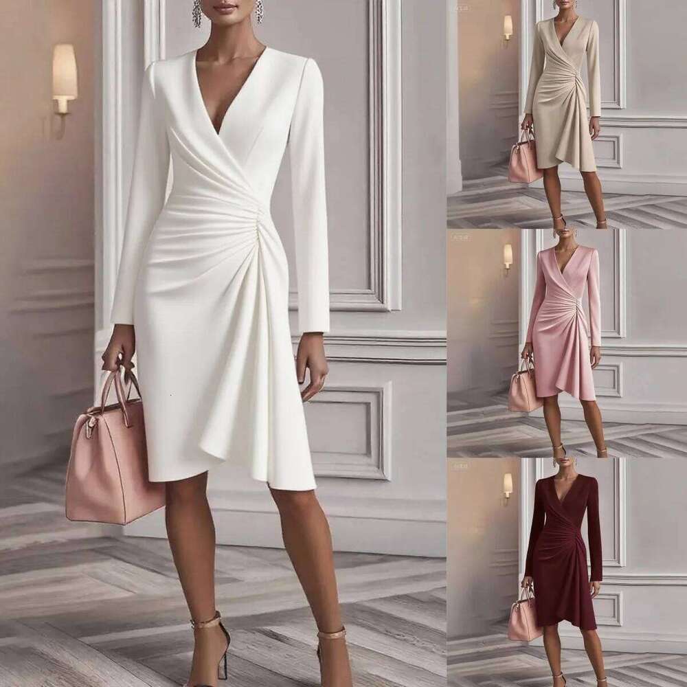 Women's Chic Ruched Wrap V Neck Midi Dress Long Sleeve Asymmetric Hem Formal Gown for Elegant Office Work Commute
