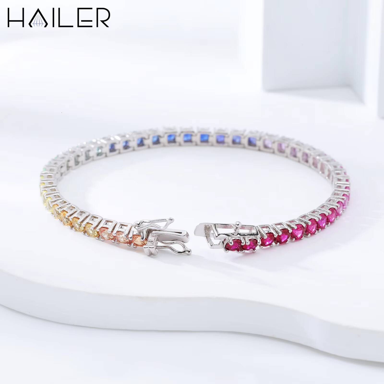18K White Gold Bracelet Round Cut 3 MM Lab Sapphire Bracelet Fashion Rainbow Tennis Bracelet Women