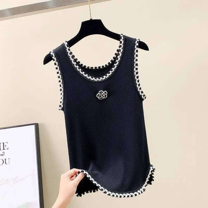 Fashionable Chic Summer New Vest Women's Spliced Round Neck Printed Embroidery Loose All-Match Sleeveless Camisole T-Shirts Tops