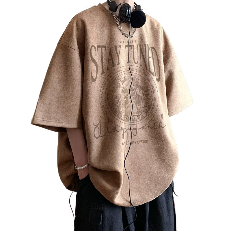 2026 New Arrival Faux Suede Short Sleeve T-shirt Men's Summer American Heavyweight Trendy Streetwear Oversized Half Sleeve Tee