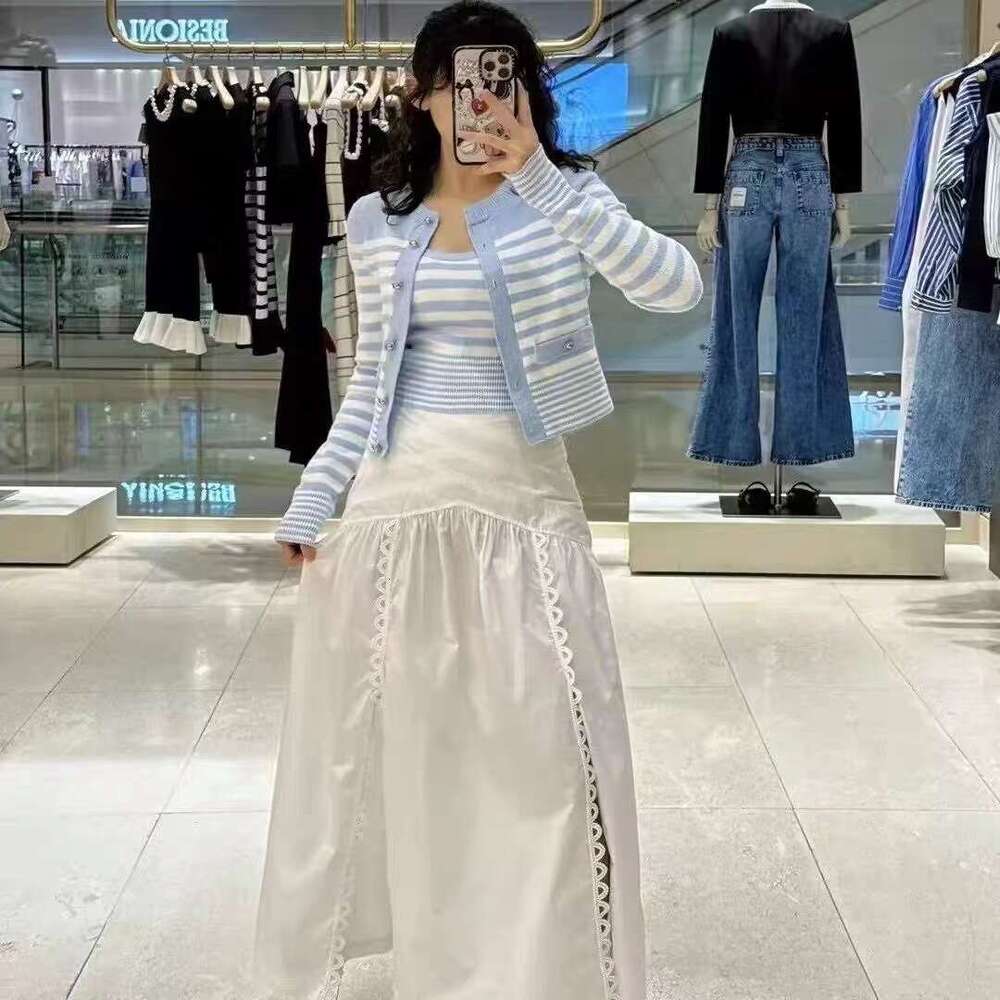 2025 Spring Summer New French Elegant Style Blue Striped Knitted Cardigan Jacket + Vest Top Set