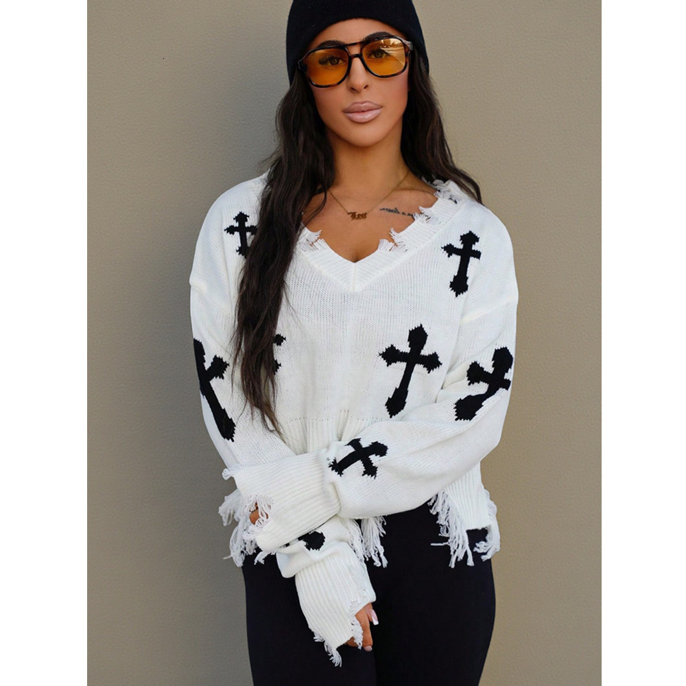 Luxury Brand Designer Clothes Foreign Trade Frayed Edge Cross Design Knitted Sweater Top Trendy Versatile Loose Pullover Sweater For Women Autumn Wint