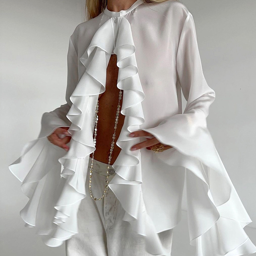 Flare Sleeve Solid Irregular Slim Blouse Top Women Ruffles Halter Lace-up Summer Blouses Chic Dropship 240821