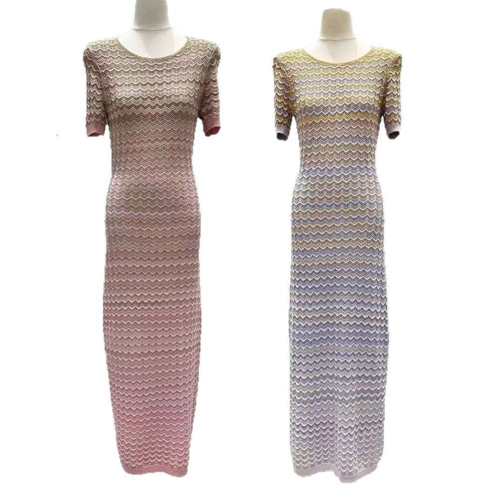 2026 Summer New Fashionable Elegant Design Gradient Color Slim Fit Round Neck Short Sleeve Knitted Dress