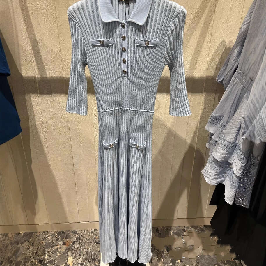French Elegant 26 Spring Summer New Fashion Three-Quarter Sleeve Polo Collar Mid-Length Slim Fit Shiny Knitted Dress