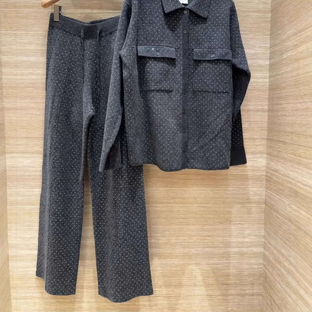 French Elegant 26 Autumn Winter Dimur Style Fashionable Gray Rhinestone Decorated Turn-Down Collar Knitted Cardigan + Long Pants Set