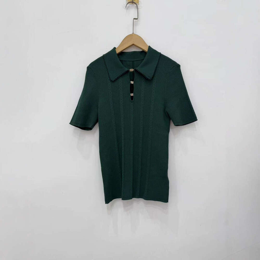 2026 Early Autumn Elegant Fashion Slim Fit Polo Collar Hollow Metal Chain Short Sleeve Knitted T-Shirt Top