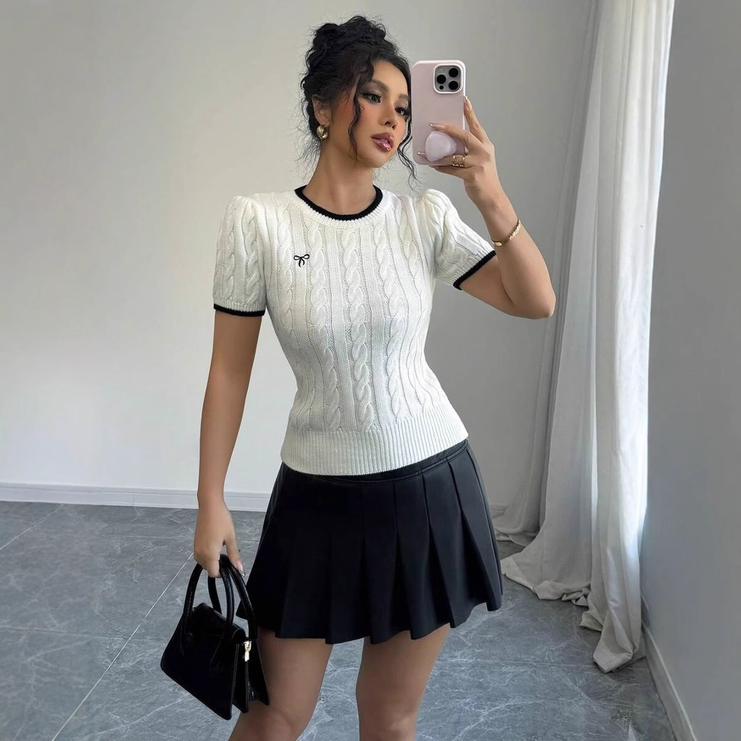 Luxury Brand Designer Clothes 25 Spring Summer New Twist Rope Letter Jacquard Round Neck Short Sleeve Knitted Top For Women Knitted Top