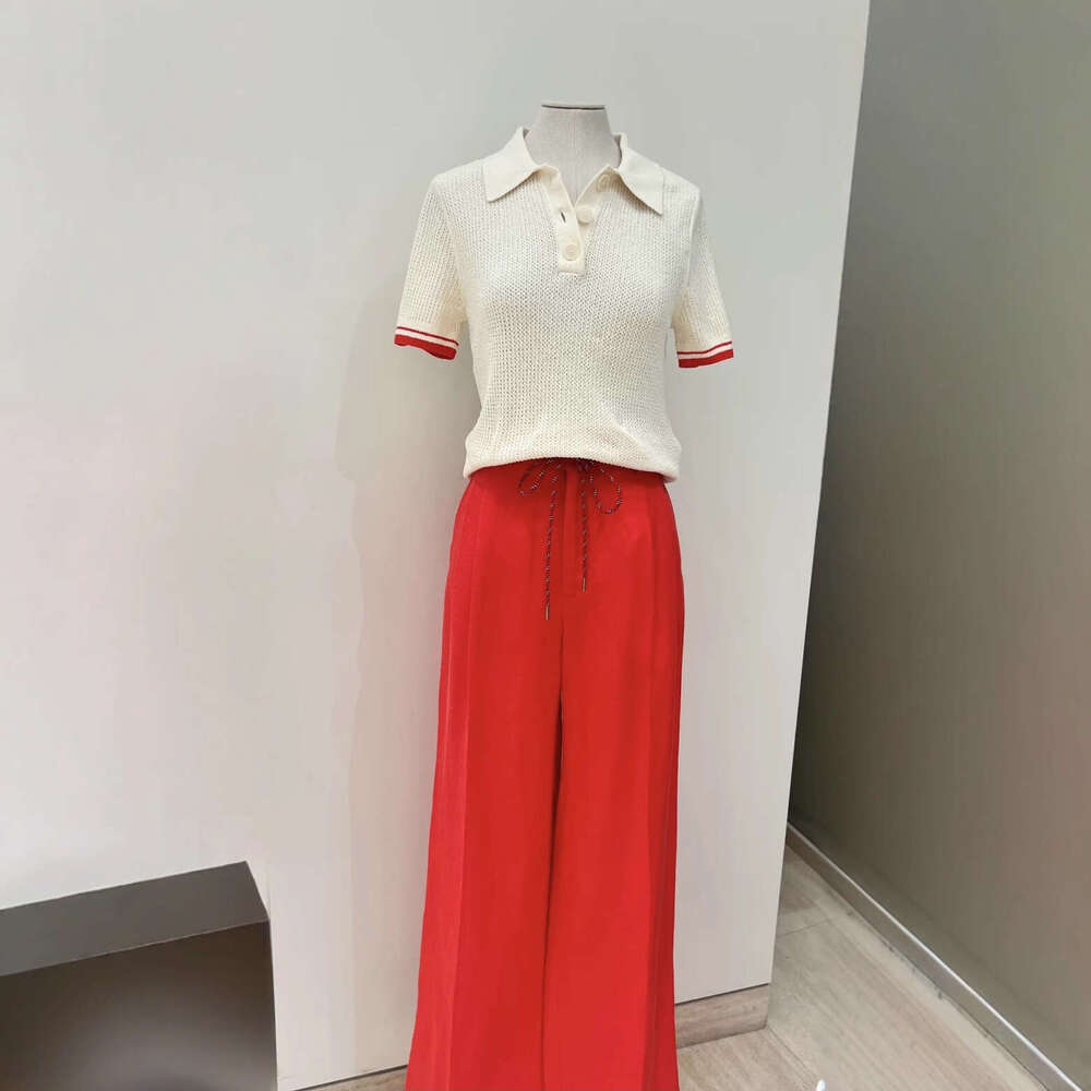 French Elegant 26 Spring Summer Color-Block Polo Collar Striped Edge Short Sleeve Knitted Sweater Top