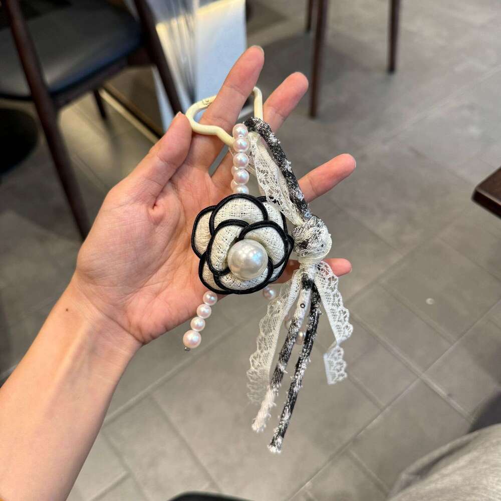 Bag Charm Keychain French Camellia Pearl Tassel with Lace Ribbon for Handbag Phone Decoration